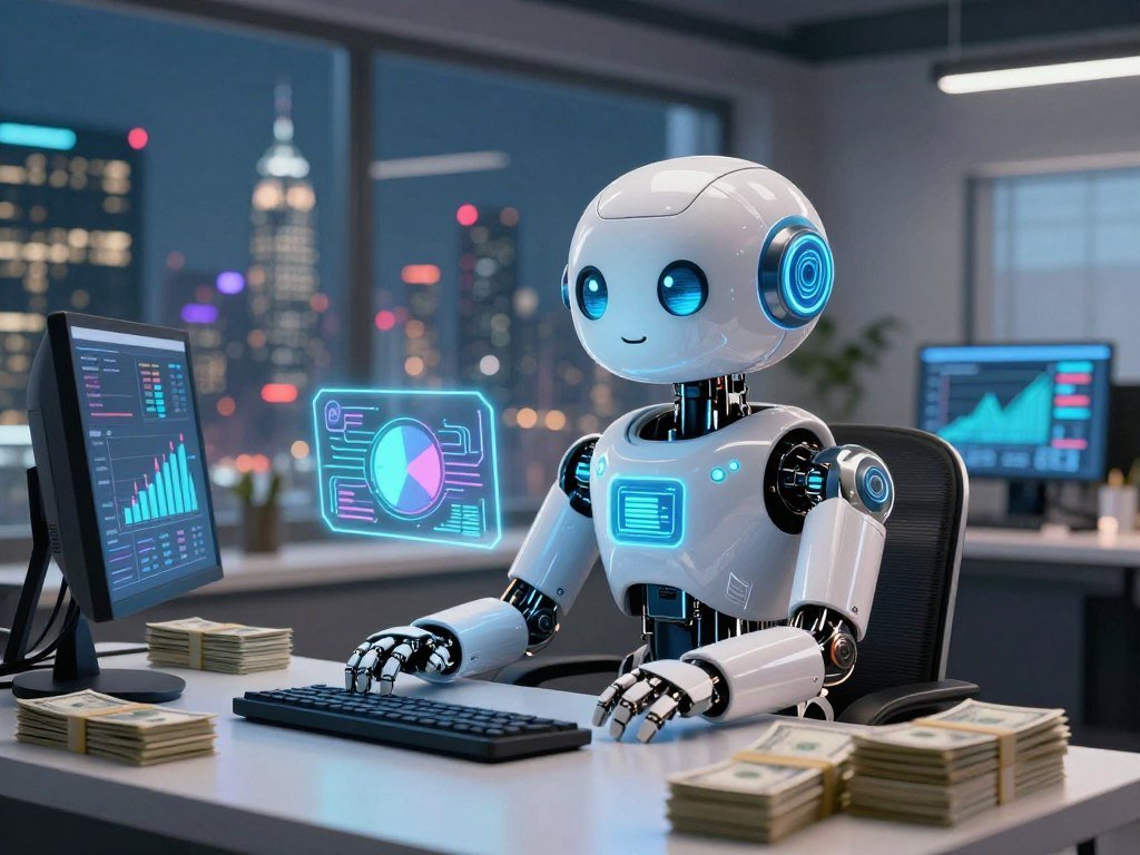 A futuristic AI chatbot represented as a friendly robot sitting at a sleek, modern desk, surrounded by stacks of cash and digital devices displaying analytics and business graphs. In the foreground, the chatbot has expressive, engaging features, with glowing circuit patterns and digital screens integrated into its design. The middle section shows a vibrant cityscape through a large window, symbolizing opportunity and growth. Soft, focused lighting illuminates the workspace, casting gentle shadows that enhance the mood of dynamic professionalism. The atmosphere conveys excitement about the ethical implications of making money through AI technology, highlighting both innovation and responsibility. A lens effect can create a slight bokeh on the background details, emphasizing the chatbot's central position.