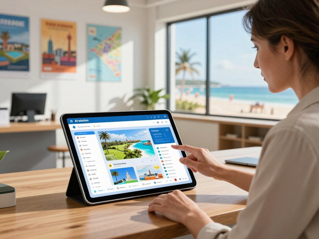 A futuristic AI vacation planner interface displayed on a sleek, touchscreen tablet set on a wooden table in a modern travel agency. In the foreground, a professional travel agent, a middle-aged woman in smart casual attire, analyzes a vibrant travel itinerary generated by the AI system, with various destinations brightly highlighted. In the middle ground, the agency is decorated with travel posters and maps, creating an inviting atmosphere. The background features a large window showcasing sunny beach destinations and famous landmarks. Soft, natural lighting streams in, illuminating the scene and creating a warm, optimistic mood. The focus is on the interaction between the agent and the AI, symbolizing the blend of technology and human expertise in overcoming common challenges in automated trip planning.