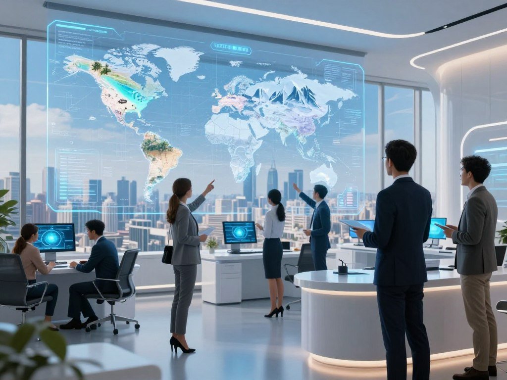 A futuristic travel agency office filled with advanced technology, showcasing a holographic display of various destinations around the world, such as a vibrant beach, snowy mountains, and a bustling cityscape. In the foreground, a diverse group of travelers in professional business attire engage with the hologram, pointing at different locations and discussing options. In the middle ground, sleek, modern furniture and interactive screens are visible, emphasizing a high-tech atmosphere. The background displays a panoramic window revealing an aerial view of a city skyline under a bright blue sky, suggesting limitless travel possibilities. Soft, ambient lighting enhances the futuristic mood while maintaining a welcoming atmosphere, with a slight depth of field effect to draw focus to the engaging scene.