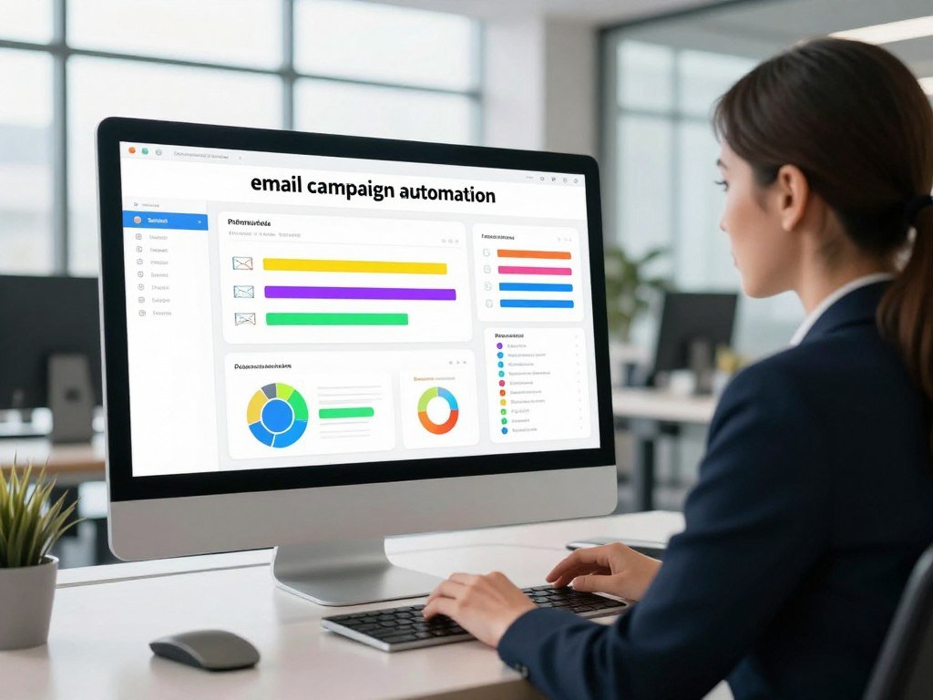 A modern digital workspace showcasing "email campaign automation". In the foreground, a professional businesswoman, clad in smart attire, engages with a high-tech interface displaying graphs and analytics related to email performance. In the middle ground, a large computer screen visualizes automated workflows and email templates with vibrant colors, representing generative AI content creation. In the background, a stylish office with large windows allows natural light to flood the scene, creating a bright and optimistic atmosphere. Soft reflections on the screen highlight the sophistication of the tools. The overall mood is innovative and energetic, emphasizing the efficiency and creativity that AI brings to email marketing campaigns. A modern digital workspace showcasing "email campaign automation". In the foreground, a professional businesswoman, clad in smart attire, engages with a high-tech interface displaying graphs and analytics related to email performance. In the middle ground, a large computer screen visualizes automated workflows and email templates with vibrant colors, representing generative AI content creation. In the background, a stylish office with large windows allows natural light to flood the scene, creating a bright and optimistic atmosphere. Soft reflections on the screen highlight the sophistication of the tools. The overall mood is innovative and energetic, emphasizing the efficiency and creativity that AI brings to email marketing campaigns.