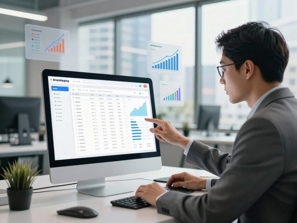 A modern, high-tech workspace illustrating dropshipping automation, prominently featuring a sleek computer screen displaying an inventory management dashboard. In the foreground, a professional-looking person in business attire, intently analyzing data on the screen, showcasing a focused expression. The middle layer includes graphs and charts floating around, symbolizing sales growth and automated supply chain processes. In the background, large windows reveal a bustling cityscape, suggesting connectivity and global reach. Soft, natural lighting floods the room, creating an energetic, optimistic atmosphere. Shot with a shallow depth of field to emphasize the individual and the screen, the overall mood should inspire innovation and efficiency in an AI-driven business environment.