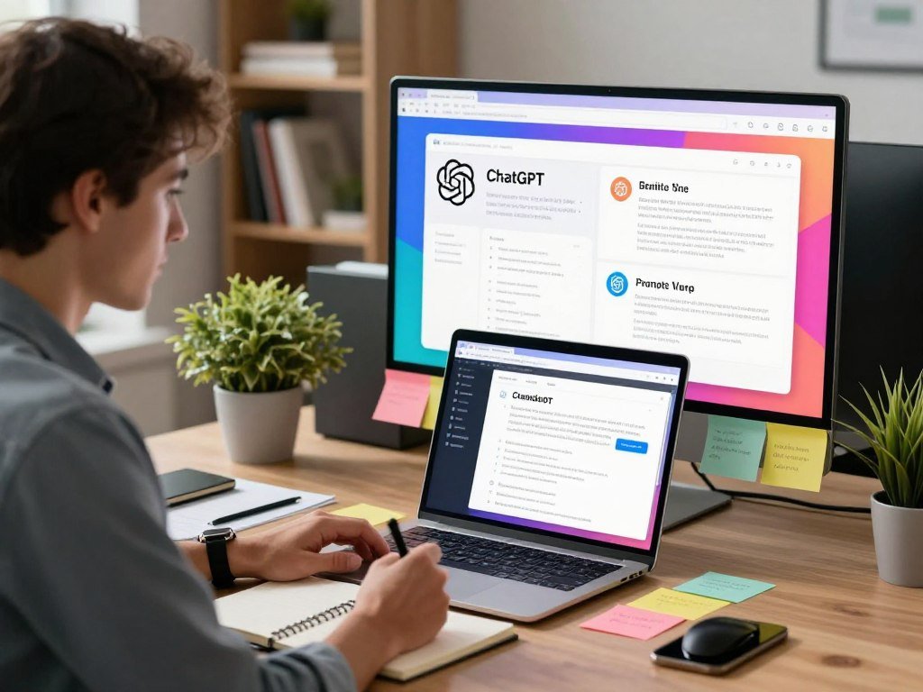 A modern office desk setup featuring an elegant laptop displaying a ChatGPT interface on its screen. In the foreground, a confident entrepreneur dressed in smart casual attire is jotting down ideas on a notepad, surrounded by colorful sticky notes with brainstorming and marketing strategies related to selling personalized prompts. In the middle ground, a vibrant digital screen showcases various types of custom ChatGPT prompt examples visually appealing and neatly organized. The background consists of contemporary office decor, including a bookshelf filled with business books and a plant for a touch of greenery. Soft, warm lighting creates an inviting atmosphere, with a slight lens blur to emphasize the subject while keeping the scene professional and engaging.