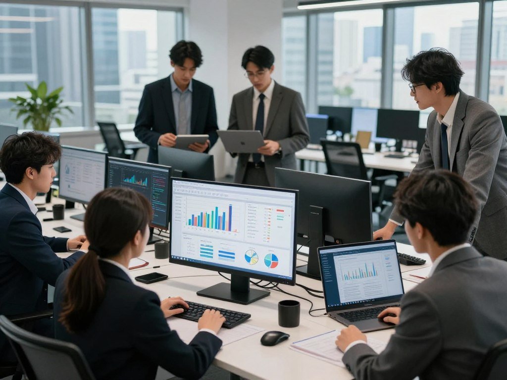 A modern office environment focused on data-driven pricing strategies. In the foreground, a diverse team of business professionals, including both men and women in business attire, collaborate over digital screens displaying graphs, charts, and pricing models. In the middle, sleek desks with laptops and data analytics software create a dynamic workspace. The background features large windows showing a city skyline, indicating a bustling economy. Soft, natural lighting filters in, enhancing the atmosphere of innovation and productivity. The overall mood is one of focused ambition, with an emphasis on strategic thinking and competitive advantage. The composition is shot from a slightly elevated angle to capture the teamwork and tools in action, creating an engaging visual narrative of modern business strategy.