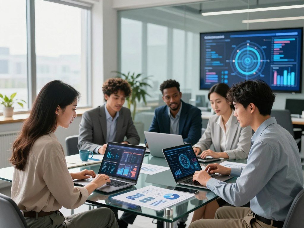 A modern office setting featuring a diverse group of business professionals collaborating on AI sales tools. In the foreground, a focused young woman in smart casual attire analyzes data on a sleek laptop, illuminated by soft, natural light coming from a nearby window. In the middle ground, a diverse team of three—two men and one woman—sits around a glass meeting table covered with graphs, charts, and digital tablets showcasing marketing strategies. The background reveals a futuristic workspace with digital displays showing AI algorithms, marketing analytics, and sales performance. The atmosphere is energetic and innovative, highlighting collaboration and technology in marketing. The scene is shot with a wide-angle lens, emphasizing depth, with a bright and clear ambiance.