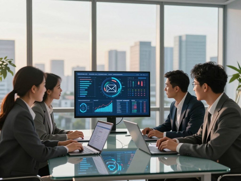 A modern office setting with a sleek glass table in the foreground, where a diverse group of three professionals, dressed in smart business attire, analyze data on laptops and digital devices. In the middle, a large screen displays vibrant graphs and AI-driven analytics dashboards, showcasing successful email campaign metrics and trends. The background features a panoramic city view through floor-to-ceiling windows, bathed in warm afternoon light, creating a bright and optimistic atmosphere. The scene is captured with a shallow depth of field to emphasize the subjects, while soft, natural light adds a professional yet inviting feel, illustrating the theme of measuring success with data-driven insights. A modern office setting with a sleek glass table in the foreground, where a diverse group of three professionals, dressed in smart business attire, analyze data on laptops and digital devices. In the middle, a large screen displays vibrant graphs and AI-driven analytics dashboards, showcasing successful email campaign metrics and trends. The background features a panoramic city view through floor-to-ceiling windows, bathed in warm afternoon light, creating a bright and optimistic atmosphere. The scene is captured with a shallow depth of field to emphasize the subjects, while soft, natural light adds a professional yet inviting feel, illustrating the theme of measuring success with data-driven insights.