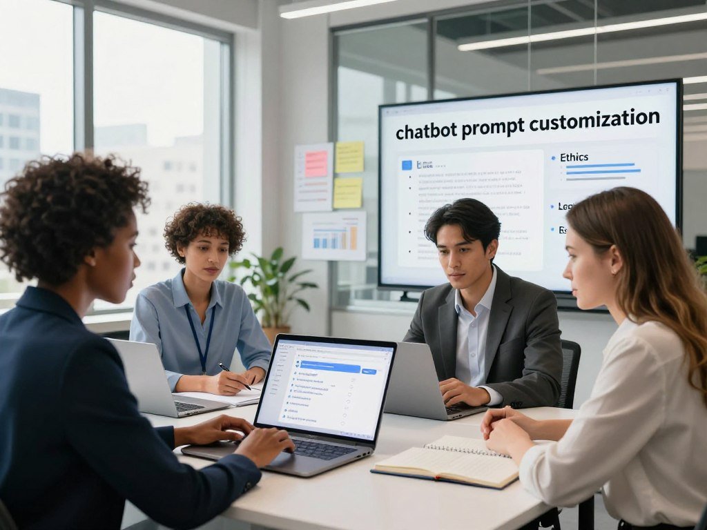 A modern office workspace illustrating "chatbot prompt customization." In the foreground, a diverse group of three professionals—a Black woman, an Hispanic man, and a Caucasian woman—collaborate over a sleek laptop displaying a chatbot interface rich with customizable options. They are dressed in professional business attire, exuding a sense of focus and teamwork. The middle section features notes, charts, and open notebooks filled with prompt ideas, while a digital whiteboard highlights keywords like "Ethics" and "Legal Considerations." In the background, large windows allow natural light to flood the room, creating a bright atmosphere, with cityscape views visible. The overall mood should convey innovation and professionalism. Use a wide-angle lens to capture the entire setup in one cohesive shot.