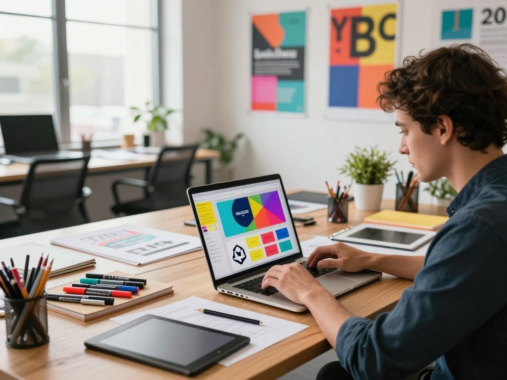 A modern office workspace showcasing the creative process of branding design. In the foreground, a professional designer in smart casual attire focuses intently on a sleek laptop, with vibrant color palettes and logo designs displayed on the screen. The middle ground features a stylish desk cluttered with design tools such as markers, sketch pads, and a digital tablet, emphasizing the tools available for quick graphic creation. The background shows a bright, airy room with large windows flooding natural light and contemporary branding posters on the walls, enhancing a productive atmosphere. The overall mood is dynamic and innovative, suggesting a blend of creativity and efficiency in brand design. The camera angle is slightly elevated, capturing the workspace's depth, while the lighting is warm and inviting, underscoring the creative energy.