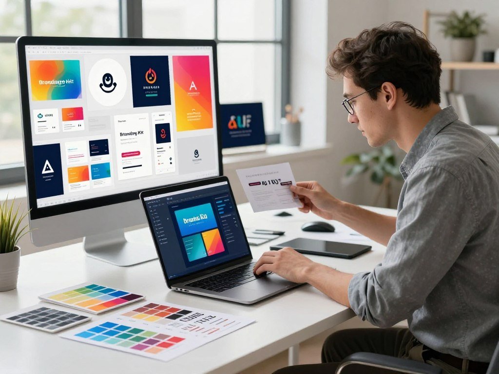 A modern, sleek workspace showcasing a professional branding kit creation process. In the foreground, a well-organized desk is filled with design tools like color swatches, logo samples, and typography guides. A laptop displays an open branding kit software, illuminating the workspace with soft blue light. In the middle ground, a focused designer, dressed in smart casual attire, intently reviews their digital creations, surrounded by vibrant mockups of business cards, social media graphics, and branding elements. The background features a large window with natural light streaming in, accentuating the fresh, creative atmosphere. The overall mood is inspiring and productive, highlighting innovation in AI-driven design tools.