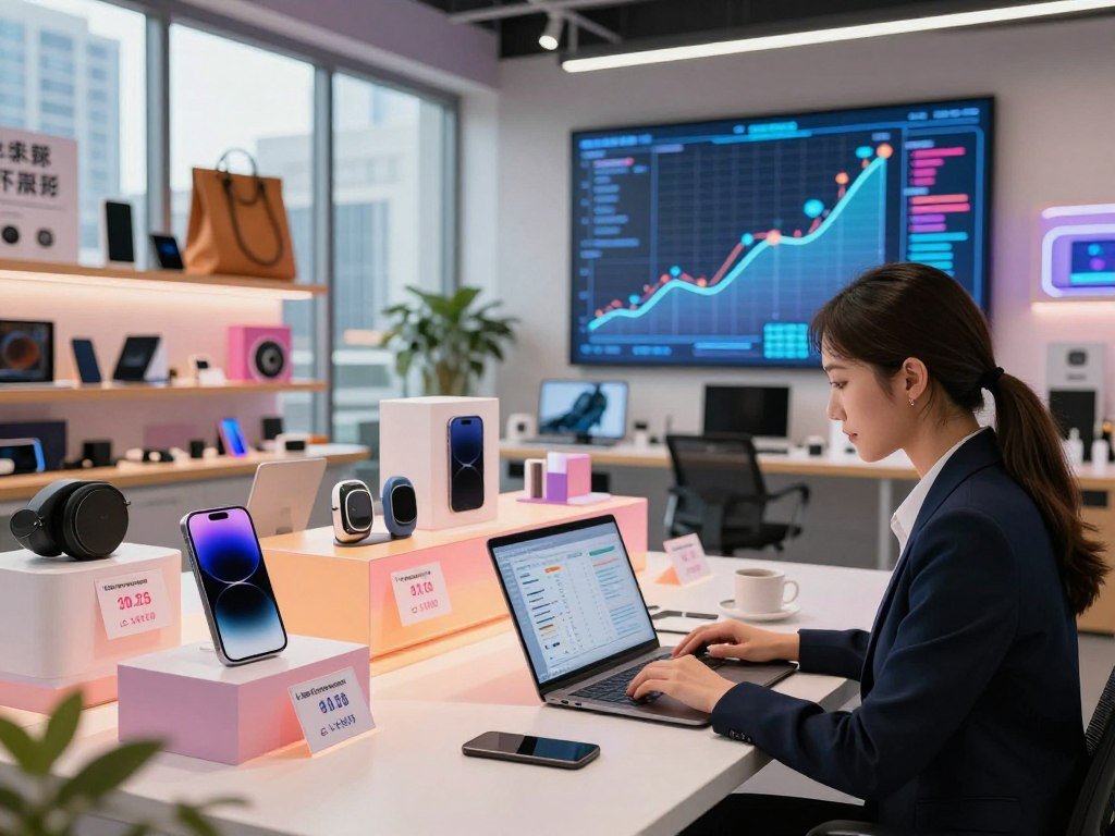 A modern, vibrant workspace showcasing AI-driven dropshipping. In the foreground, a professional woman in smart business attire is analyzing data on a sleek laptop. The middle ground features various products, such as electronics and fashion items, displayed creatively on shelves, with tags indicating pricing and shipping options. The background shows a digital screen with flowing graphs and charts, indicating growth and analytics, bathed in soft, warm lighting. A large window reveals a bustling cityscape outside, symbolizing global reach. Use a wide-angle lens to capture the workspace's depth and create an inspiring mood, emphasizing innovation and long-term business growth.