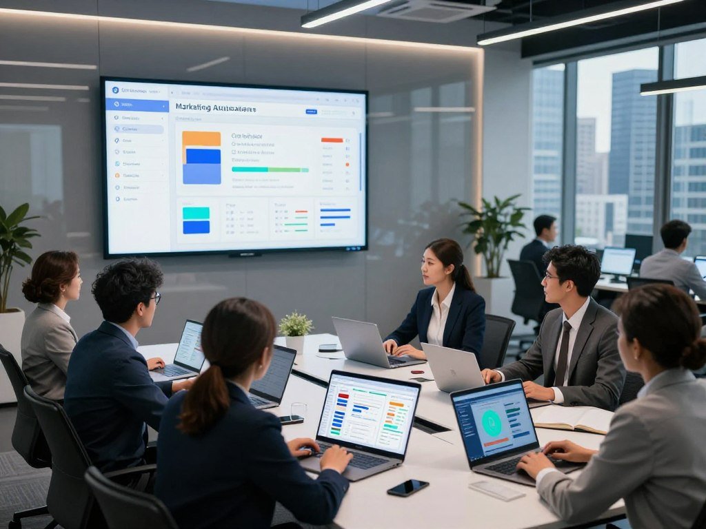 A modern, visually dynamic office space showcasing an integrated marketing automation system with a CRM interface. In the foreground, a diverse group of professionals, dressed in smart business attire, collaborates around a sleek conference table filled with laptops and digital displays showing colorful graphs and automated workflows. The middle layer features a large digital screen displaying real-time analytics and customer data, illuminated by soft, ambient lighting. The background presents a city skyline visible through large windows, creating a vibrant and innovative atmosphere. The overall mood is productive and forward-thinking, with a focus on technology and teamwork, captured from a slightly elevated angle to emphasize interaction and engagement. A modern, visually dynamic office space showcasing an integrated marketing automation system with a CRM interface. In the foreground, a diverse group of professionals, dressed in smart business attire, collaborates around a sleek conference table filled with laptops and digital displays showing colorful graphs and automated workflows. The middle layer features a large digital screen displaying real-time analytics and customer data, illuminated by soft, ambient lighting. The background presents a city skyline visible through large windows, creating a vibrant and innovative atmosphere. The overall mood is productive and forward-thinking, with a focus on technology and teamwork, captured from a slightly elevated angle to emphasize interaction and engagement.