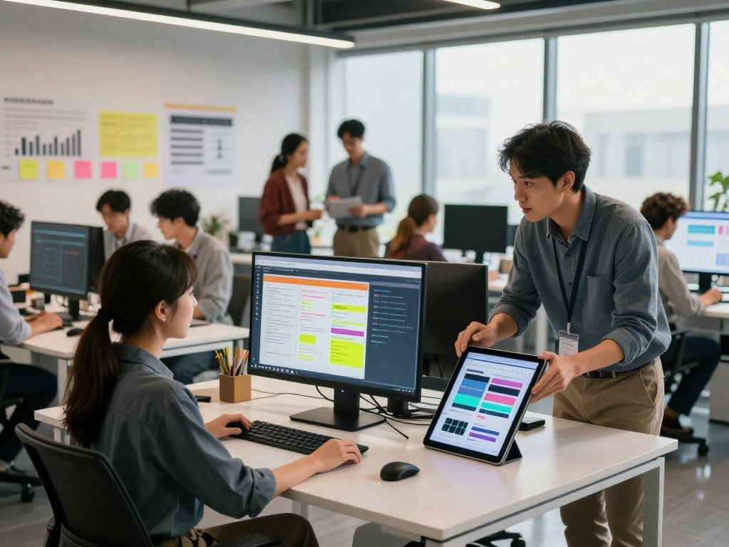 A modern workspace featuring a diverse group of professionals engaged in online data annotation tasks, set against a sleek, futuristic office backdrop. In the foreground, a focused woman in smart casual attire sits at a computer, reviewing data on a large screen with annotations highlighted in bright colors. Beside her, a male colleague in business attire discusses strategies, using a tablet to showcase visual examples of annotation challenges. The middle ground showcases additional team members collaborating, surrounded by post-it notes and charts on the walls that illustrate common obstacles in data annotation. The background consists of large windows with natural light flooding the scene, giving a sense of openness and creativity. The atmosphere is energetic and collaborative, emphasizing problem-solving and teamwork in the AI data annotation field. The image uses warm lighting to create a welcoming environment.