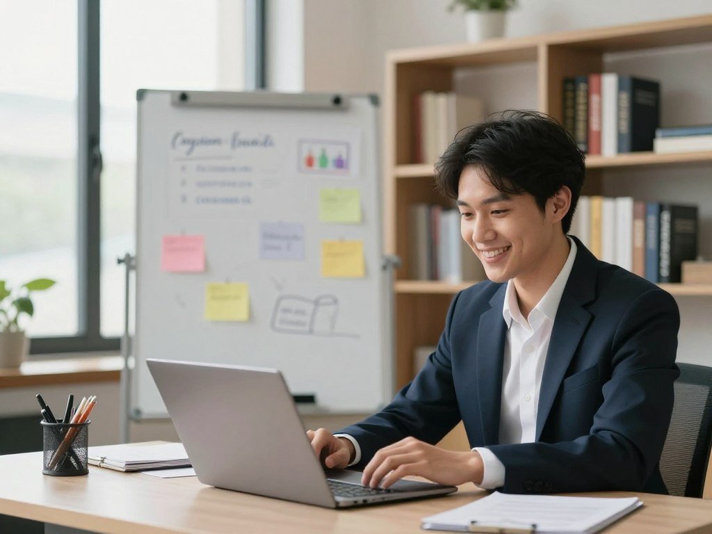 A modern workspace featuring a job seeker creating a video intro. In the foreground, a young professional person, dressed in smart business attire, sits at a sleek desk with a laptop open, smiling confidently as they record. The middle ground includes a whiteboard covered with notes and ideas, showcasing an organized approach to crafting a compelling script. In the background, a soft-focus bookshelf lined with career development books adds to the intellectual atmosphere, while large windows let in warm, natural light, creating an inviting mood. The camera angle captures a slightly elevated view, emphasizing the subject's engaged expression and the well-lit environment. The overall scene conveys professionalism, motivation, and creativity, inspiring viewers to enhance their job hunt skills through innovative video intros.
