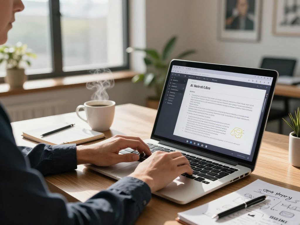 A modern workspace featuring a person in professional business attire typing intently on a laptop, surrounded by notes and sketches related to storytelling. The foreground includes a close-up of the laptop screen displaying an AI writing tool interface, filled with creative story elements. In the middle, a cozy desk space with a steaming cup of coffee and a notepad full of ideas, emphasizing the side hustle theme. The background shows a large window with soft, natural light streaming in, casting warm shadows that create an inspiring and focused atmosphere. The room is decorated with motivational art and an indoor plant, enhancing the mood of creativity and productivity.
