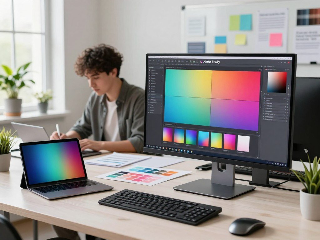 A modern workspace featuring a sleek digital design setup focused on branding. In the foreground, a high-resolution monitor displays a colorful interface of Khroma and Adobe Firefly, showcasing a vibrant selection of color palettes. To the left, a stylish tablet rests next to a laptop, with colorful swatches laid out nearby. The middle of the composition shows a professional designer in smart casual attire, intently working with a stylus, surrounded by design tools and notes. The background features a bright, well-lit room with indoor plants and a whiteboard filled with branding ideas. Natural light streams through large windows, creating an inviting and creative atmosphere. The overall mood is dynamic and inspiring, emphasizing creativity and efficiency in design.