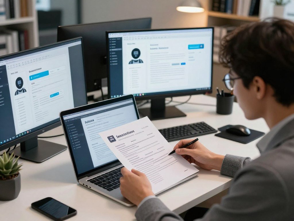 A modern workspace filled with technology, featuring a laptop displaying AI software interfaces. In the foreground, a person in professional business attire sits at a desk, thoughtfully reviewing a printed resume, symbolizing common challenges in the job application process. The middle ground showcases various AI tools, such as chatbots and data analytics, represented visually on the screen and nearby devices. In the background, soft lighting from overhead lamps creates a focused atmosphere, while bookshelves filled with resources on AI and resumes flank the sides. The scene conveys a sense of determination and innovation, embodying the blend of professionalism and modern technology in tackling job market challenges. The angle is slightly overhead, offering a comprehensive view of the workspace without any text or distractions.