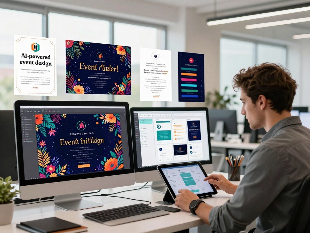 A modern workspace showcasing "AI-powered event design" in action. In the foreground, a sleek, stylish computer screen displays a vibrant, personalized event invite design with intricate floral patterns and dynamic color schemes. Nearby, a professional figure dressed in smart casual attire is analyzing design elements, surrounded by digital tablets and stationery. The middle ground features an array of event design prototypes, including mock-up invitations and interactive layouts, embellished with AI-driven design tools. In the background, a bright, airy office space with large windows allows natural light to flood in, creating a warm, inviting atmosphere. The entire scene conveys an innovative and creative mood, emphasizing the blend of technology and artistry in crafting bespoke event invites. A modern workspace showcasing "AI-powered event design" in action. In the foreground, a sleek, stylish computer screen displays a vibrant, personalized event invite design with intricate floral patterns and dynamic color schemes. Nearby, a professional figure dressed in smart casual attire is analyzing design elements, surrounded by digital tablets and stationery. The middle ground features an array of event design prototypes, including mock-up invitations and interactive layouts, embellished with AI-driven design tools. In the background, a bright, airy office space with large windows allows natural light to flood in, creating a warm, inviting atmosphere. The entire scene conveys an innovative and creative mood, emphasizing the blend of technology and artistry in crafting bespoke event invites.