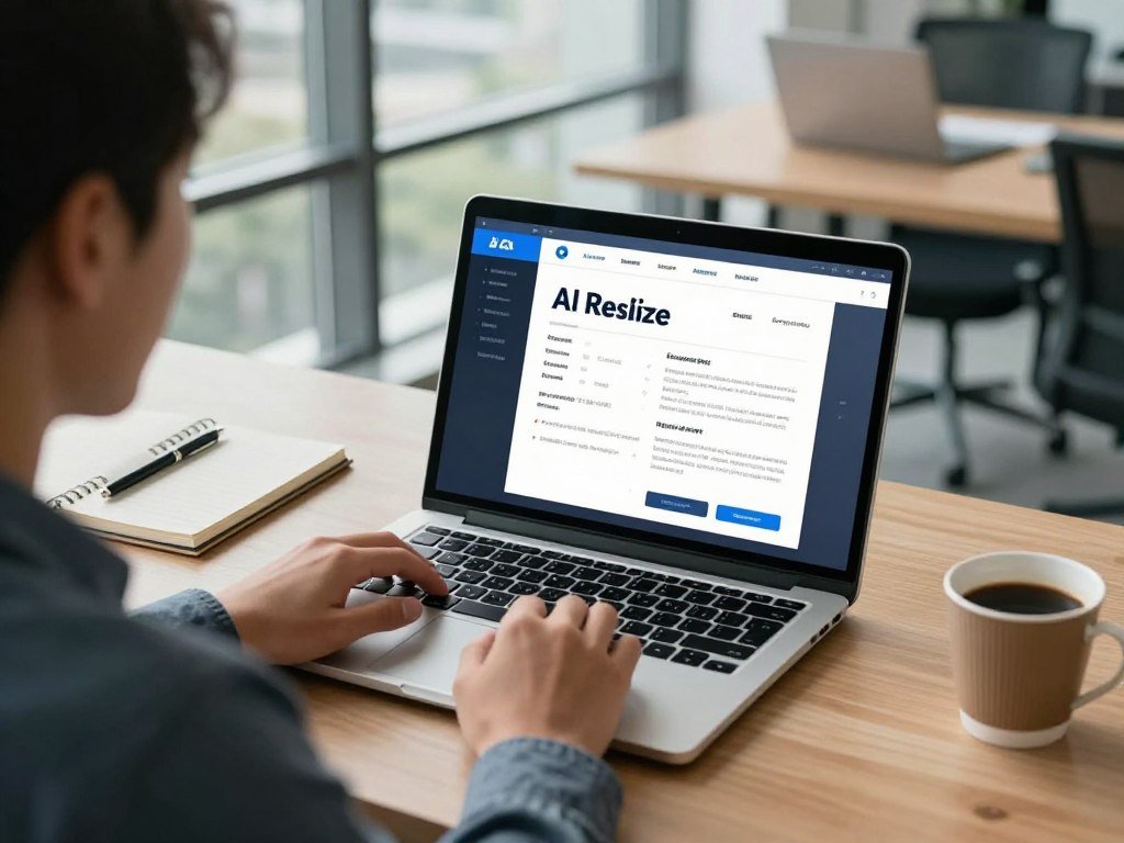A modern workspace showcasing a laptop displaying an AI-generated video intro template for resumes. In the foreground, a professional individual, dressed in business attire, sits at the desk, intently watching the video on the screen. The middle layer features elements like a notebook, a pen, and a coffee cup, symbolizing productivity and creativity. The background captures a sleek office environment with large windows, allowing natural light to flood in, creating a warm and inviting atmosphere. Soft blue and green color tones evoke a sense of innovation. The camera angle is slightly above eye level, focusing on both the individual and the laptop, emphasizing the integration of technology in the job application process.