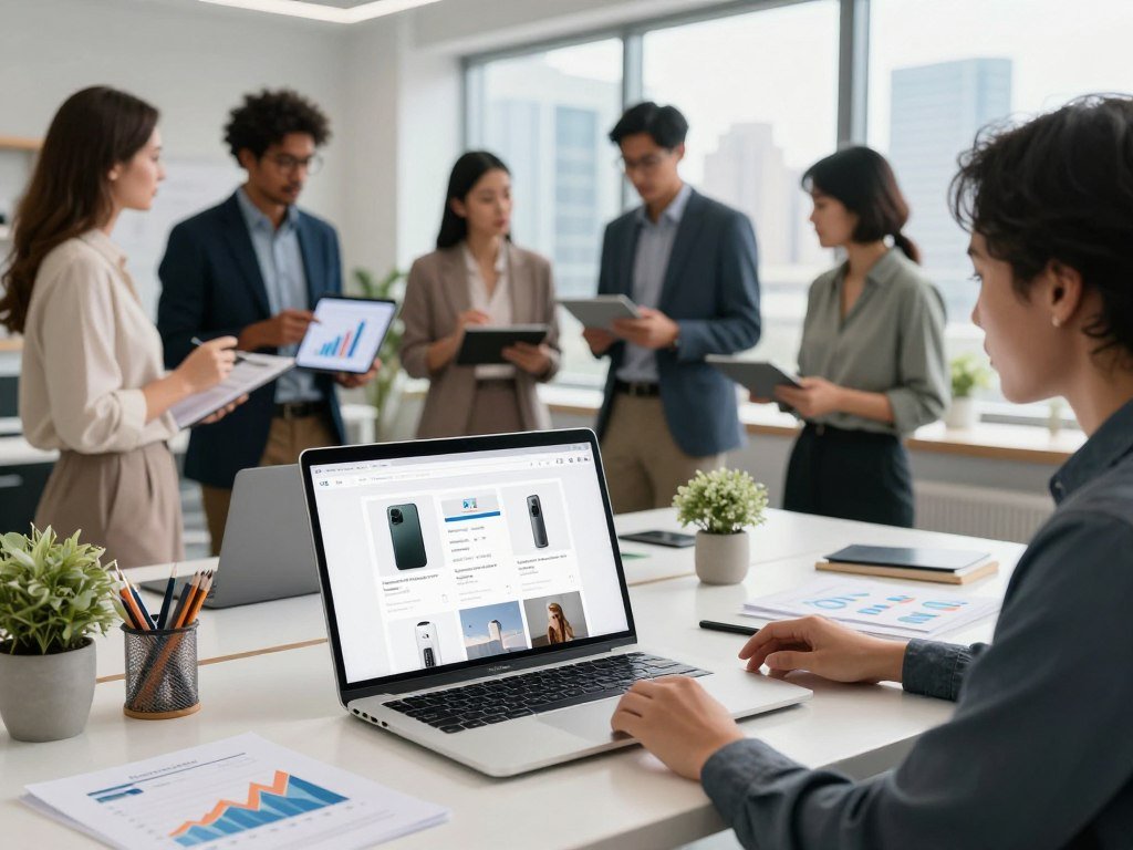 A modern workspace showcasing an AI dropshipping store. In the foreground, a sleek desk with a high-tech laptop displaying a sophisticated e-commerce website interface, surrounded by various products like gadgets and home decor. In the middle ground, a diverse group of professionals, dressed in smart business attire, engaged in discussion, analyzing data on tablets and charts symbolizing growth. In the background, large windows reveal a bright city skyline, with soft natural light illuminating the space. The atmosphere is one of innovation and productivity, emphasizing a blend of technology and commerce. Capture this scene from a slightly elevated angle to provide depth, with a focus on vibrant colors and sharp details, reflecting a dynamic and thriving business environment.
