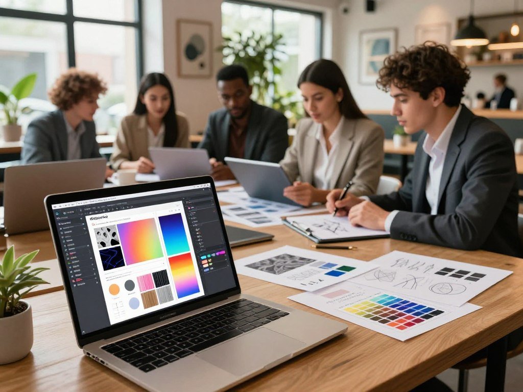 A modern workspace showcasing cutting-edge AI design tools for branding. In the foreground, a sleek, futuristic laptop displays an engaging Midjourney interface, with vibrant colors and creative mood board elements such as images, textures, and color palettes scattered around. The middle layer features a stylish, diverse team of professionals in business attire collaborating over a digital tablet and sketches, focused and inspired. The background includes large windows with natural light flooding in, illuminating a cozy café-like atmosphere filled with greenery and artful decor. The overall mood is innovative and dynamic, emphasizing creativity, collaboration, and the transformative power of AI in design. The scene is captured with a wide-angle lens, highlighting the collaborative environment and ensuring warmth and engagement.
