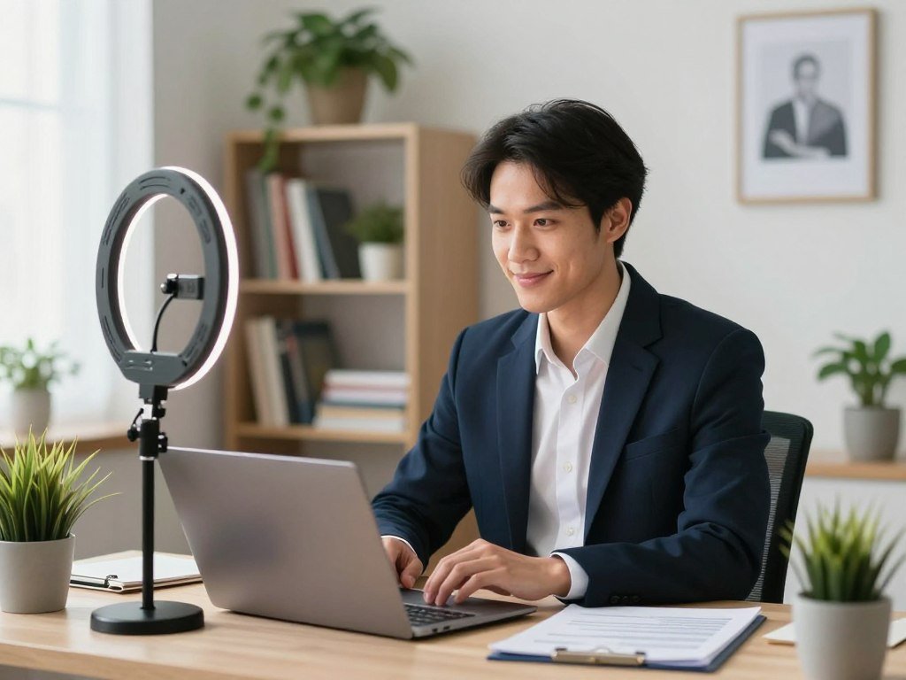 A professional job seeker sits confidently at a well-lit desk, surrounded by modern office decor, creating a resume video introduction. The foreground captures the individual, dressed in smart business attire, focused on their laptop with a subtle smile. In the middle ground, a ring light illuminates their face, showcasing their enthusiasm and professionalism. Potted plants and motivational artwork adorn the workspace, adding a touch of inspiration. The background features a blurred bookshelf filled with career-related literature, enhancing the atmosphere of ambition and growth. Soft, natural lighting floods the space, evoking a positive and engaging mood, perfect for a personal video introduction in a job search strategy context.