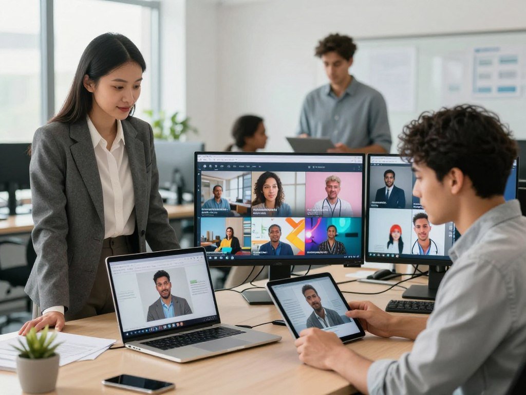A professional setting showcasing a diverse group of job seekers preparing AI-generated video introductions for different industries. In the foreground, a confident young woman in business attire stands next to a sleek laptop, analyzing her video script, while a focused man in smart casual clothing reviews his footage on a tablet. The middle layer features a variety of screens displaying vibrant video clips relevant to industries such as technology, healthcare, and creative arts. In the background, a bright, modern office environment with soft, natural lighting enhances the atmosphere of productivity and innovation. The lens perspective captures an engaging and collaborative scene, fostering the mood of optimism and opportunity in the job search process.