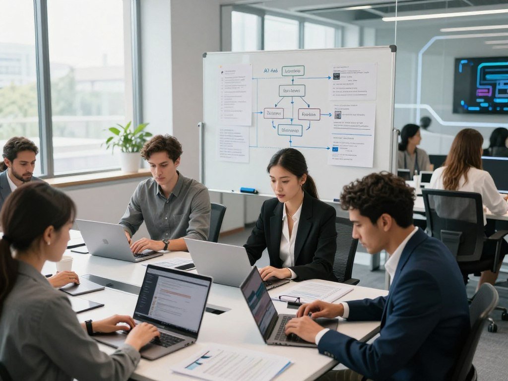 A professional setting showcasing freelance opportunities in AI data annotation. In the foreground, depict a diverse group of individuals working on laptops with focused expressions, dressed in smart casual attire, collaborating at a modern office space with a large window letting in bright natural light. The middle ground features a whiteboard filled with diagrams and notes related to AI processes, symbolizing data organization and analysis. The background showcases a futuristic office environment with sleek furniture and subtle technological gadgets, creating an atmosphere of innovation and productivity. The lighting is bright and inviting, promoting a mood of inspiration and opportunity. The angle should be slightly elevated, capturing the dynamic engagement of the freelancers.