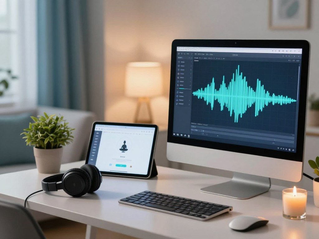 A serene, elegantly designed workspace showcases various AI voice tools for creating meditation audio. In the foreground, a modern desktop computer displays a user interface with sound waveforms and soothing imagery. On the desk, there are high-quality headphones and a microphone, along with calming elements like a small potted plant and a lit candle. The middle area features a digital tablet illustrating a meditation app, while soft ambient lighting casts a warm glow throughout the scene. The background is a tranquil home environment with calming colors and soft textures, such as light blue and white accents. The overall mood is peaceful and focused, inspiring a sense of creativity and relaxation perfect for meditation audio production.