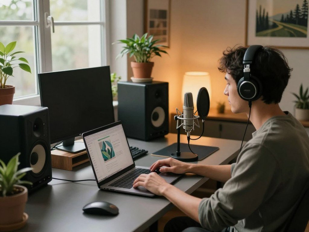 A serene home office setting that embodies a meditation audio business. In the foreground, a focused person in smart casual attire sits at a sleek desk, wearing headphones and engaging with a laptop, recording a meditation session. The middle layer features professionally arranged audio equipment, such as a high-quality microphone and soundproofing panels. In the background, soft, natural light filters through a window, casting a warm glow over potted plants and calming artwork depicting nature. The moody atmosphere suggests tranquility and focus, ideal for productivity. The angle is slightly elevated to capture both the workspace and the peaceful ambiance, emphasizing the harmony between technology and mindful meditation.