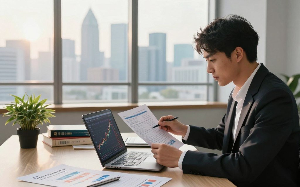 A serene office environment focused on diverse income strategies. In the foreground, a confident individual wearing professional business attire, analyzing stock reports on a sleek laptop, surrounded by charts showcasing growth trends. In the middle ground, a well-organized desk filled with financial books, a potted plant, and a notepad with strategies for passive income generation. The background features a large window revealing a modern city skyline bathed in soft morning light, symbolizing prosperity and opportunity. Use natural lighting to enhance the professional atmosphere and create a sense of hope and motivation. The overall mood is optimistic and empowering, illustrating the journey to wealth through informed investment choices. A serene office environment focused on diverse income strategies. In the foreground, a confident individual wearing professional business attire, analyzing stock reports on a sleek laptop, surrounded by charts showcasing growth trends. In the middle ground, a well-organized desk filled with financial books, a potted plant, and a notepad with strategies for passive income generation. The background features a large window revealing a modern city skyline bathed in soft morning light, symbolizing prosperity and opportunity. Use natural lighting to enhance the professional atmosphere and create a sense of hope and motivation. The overall mood is optimistic and empowering, illustrating the journey to wealth through informed investment choices.