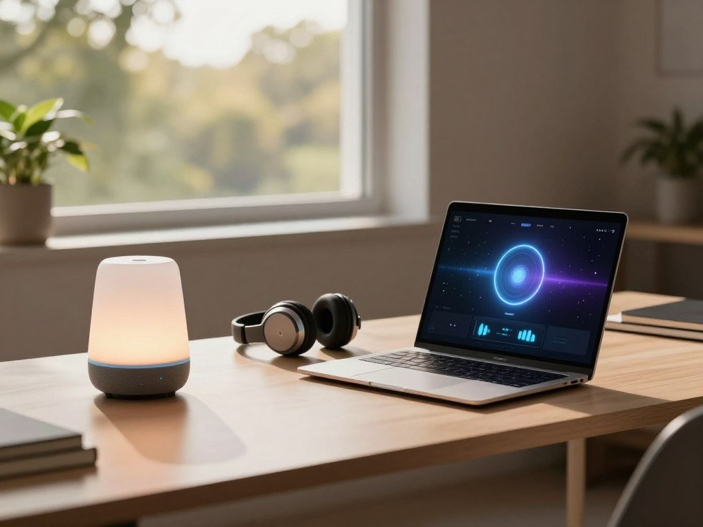 A serene office space featuring modern AI meditation tools. In the foreground, a sleek, minimalist desk holds a high-tech laptop with a glowing interface displaying meditation soundscapes. On one side, a stylish smart speaker emits soft, ethereal light. In the middle ground, a calming indoor plant and a set of meditation headphones rest neatly beside the laptop. The background showcases a tranquil window view of nature, with soft sunlight streaming in, casting gentle shadows across the room. Use warm, natural lighting to enhance the peaceful atmosphere, capturing a sense of focus and creativity. The overall mood should be serene, inviting, and professionally conducive to meditation and productivity.