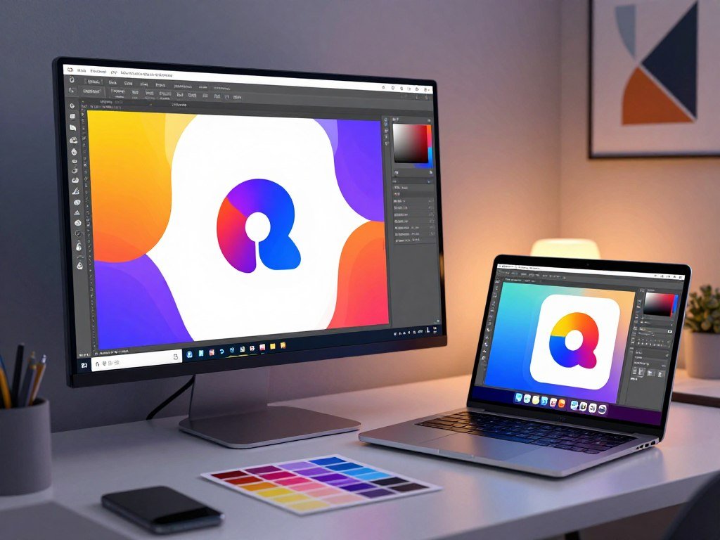 A sleek and modern logo design workspace featuring a vibrant digital screen displaying a stunning logo created with advanced AI tools. In the foreground, a well-organized desk with a high-end laptop, design software open, and color palettes scattered around. The middle-ground showcases a partially visible, stylish mockup of a logo for a fictional brand, emphasizing bold colors and innovative shapes. In the background, soft ambient lighting enhances the professional atmosphere, with modern design elements like geometric art pieces on the walls. The scene is captured in a dynamic angle, evoking a sense of creativity and innovation, ideal for branding purposes. The overall mood is inspiring and tech-savvy, showcasing the essence of automated identity generation in design.