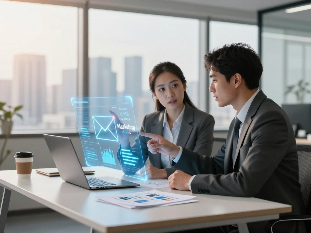 A sleek modern office environment showcasing the intersection of artificial intelligence and email marketing. In the foreground, a professional woman and man dressed in business attire are engaged in a discussion, analyzing data on a holographic screen displaying email marketing metrics and AI algorithms. The middle ground features a minimalist desk with a laptop, coffee cup, and digital marketing strategy documents spread out, symbolizing productivity and organization. In the background, large windows reveal a city skyline, creating a bright and optimistic atmosphere. The lighting is warm and inviting, with a soft glow illuminating the scene, evoking a sense of innovation and efficiency in the use of AI tools for email marketing campaigns. The overall mood is inspiring and focused on the benefits of technology in enhancing business communication. A sleek modern office environment showcasing the intersection of artificial intelligence and email marketing. In the foreground, a professional woman and man dressed in business attire are engaged in a discussion, analyzing data on a holographic screen displaying email marketing metrics and AI algorithms. The middle ground features a minimalist desk with a laptop, coffee cup, and digital marketing strategy documents spread out, symbolizing productivity and organization. In the background, large windows reveal a city skyline, creating a bright and optimistic atmosphere. The lighting is warm and inviting, with a soft glow illuminating the scene, evoking a sense of innovation and efficiency in the use of AI tools for email marketing campaigns. The overall mood is inspiring and focused on the benefits of technology in enhancing business communication.