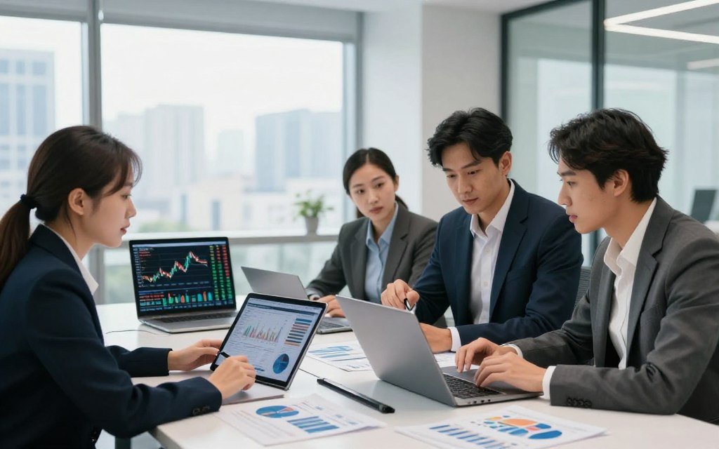 A sleek, modern office environment with large windows that allow natural light to flood the space. In the foreground, a diverse group of three professionals, dressed in smart business attire, are engaged in a focused discussion while analyzing data on a tablet and laptop. In the middle ground, a stylish conference table is cluttered with financial charts, graphs, and digital devices displaying stock market trends. In the background, cityscape views are visible through the windows, symbolizing growth and opportunity. The scene is bright and optimistic, with soft illumination highlighting the teamwork and strategy of smart investing. A shallow depth of field emphasizes the professionals and their collaboration, capturing the essence of leveraging smart investing solutions for long-term wealth. A sleek, modern office environment with large windows that allow natural light to flood the space. In the foreground, a diverse group of three professionals, dressed in smart business attire, are engaged in a focused discussion while analyzing data on a tablet and laptop. In the middle ground, a stylish conference table is cluttered with financial charts, graphs, and digital devices displaying stock market trends. In the background, cityscape views are visible through the windows, symbolizing growth and opportunity. The scene is bright and optimistic, with soft illumination highlighting the teamwork and strategy of smart investing. A shallow depth of field emphasizes the professionals and their collaboration, capturing the essence of leveraging smart investing solutions for long-term wealth.
