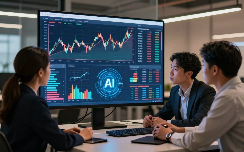A sleek, modern workspace featuring a large, high-tech screen displaying colorful graphs and charts related to stock market analysis. In the foreground, a diverse group of three professionals in business attire—one woman and two men—examining the data intently. The middle layer reveals the screen's vibrant analytics, showcasing trends and insights with digital icons representing AI technology and investment metrics. The background is softly blurred to emphasize the focus on the analysis, with ambient lighting casting a warm, productive glow over the scene. The atmosphere is one of collaboration and concentration, capturing the essence of cutting-edge automated investment analysis tools in action. A sleek, modern workspace featuring a large, high-tech screen displaying colorful graphs and charts related to stock market analysis. In the foreground, a diverse group of three professionals in business attire—one woman and two men—examining the data intently. The middle layer reveals the screen's vibrant analytics, showcasing trends and insights with digital icons representing AI technology and investment metrics. The background is softly blurred to emphasize the focus on the analysis, with ambient lighting casting a warm, productive glow over the scene. The atmosphere is one of collaboration and concentration, capturing the essence of cutting-edge automated investment analysis tools in action.