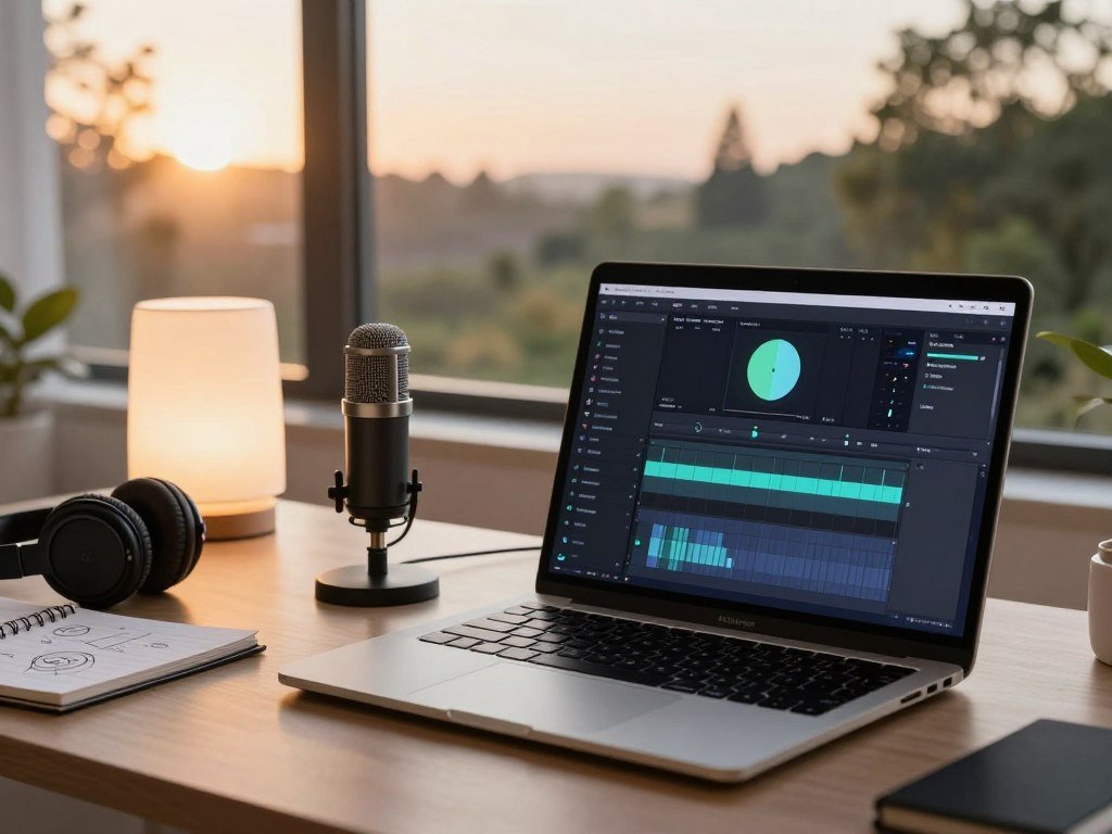 A sleek, modern workspace showcasing high-tech AI voice software for meditation. In the foreground, a polished laptop with an intuitive interface displaying audio editing features for meditation recordings. Beside it, a quality microphone and headphones hint at professional audio production. The middle ground features a serene, softly glowing lamp and a notepad with calming sketches and notes on meditation techniques. In the background, a large window reveals a tranquil view of nature, with trees and a sunrise casting warm golden light into the room. The atmosphere is peaceful and focused, emphasizing creativity and professionalism, shot with a shallow depth of field to ensure clarity on the software and tools.