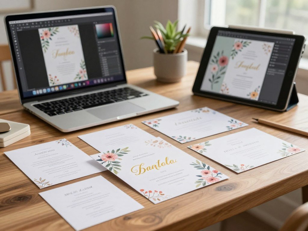 A stylish workspace featuring an array of personalized event invitations spread out on a wooden table. In the foreground, an elegant invitation card with floral designs and a gold-foiled name stands out, showcasing intricate typography. In the middle ground, a laptop displays design software with colorful templates, while a tablet shows a digital mock-up of another invite. The background features soft natural light streaming through a window, casting gentle shadows, with a potted plant and stationery items subtly enhancing the atmosphere. The overall mood is creative and inspiring, reflecting the art of event planning and personalized design. The composition is shot from a slightly elevated angle to capture all elements harmoniously. A stylish workspace featuring an array of personalized event invitations spread out on a wooden table. In the foreground, an elegant invitation card with floral designs and a gold-foiled name stands out, showcasing intricate typography. In the middle ground, a laptop displays design software with colorful templates, while a tablet shows a digital mock-up of another invite. The background features soft natural light streaming through a window, casting gentle shadows, with a potted plant and stationery items subtly enhancing the atmosphere. The overall mood is creative and inspiring, reflecting the art of event planning and personalized design. The composition is shot from a slightly elevated angle to capture all elements harmoniously.