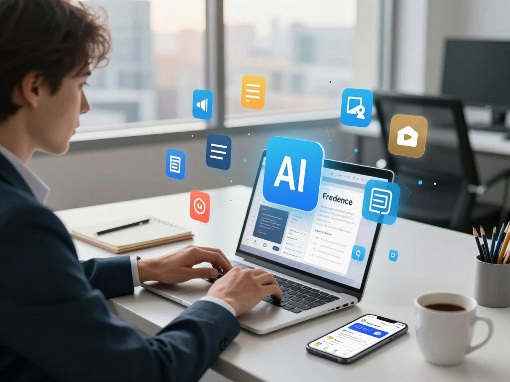 A vibrant and engaging scene set in a modern workspace. In the foreground, a focused individual in professional attire, typing on a laptop, is surrounded by digital icons representing various AI technologies and freelance opportunities like writing, graphic design, and programming. The middle ground features a sleek desk with a notepad, coffee mug, and a smartphone displaying freelance marketplace apps. In the background, large windows reveal a cityscape, bathed in soft, natural light, evoking a productive morning atmosphere. The overall mood is one of ambition and professionalism, highlighting the potential of leveraging AI technology for side gig opportunities. Use a slightly elevated angle to capture a dynamic perspective of the workspace.