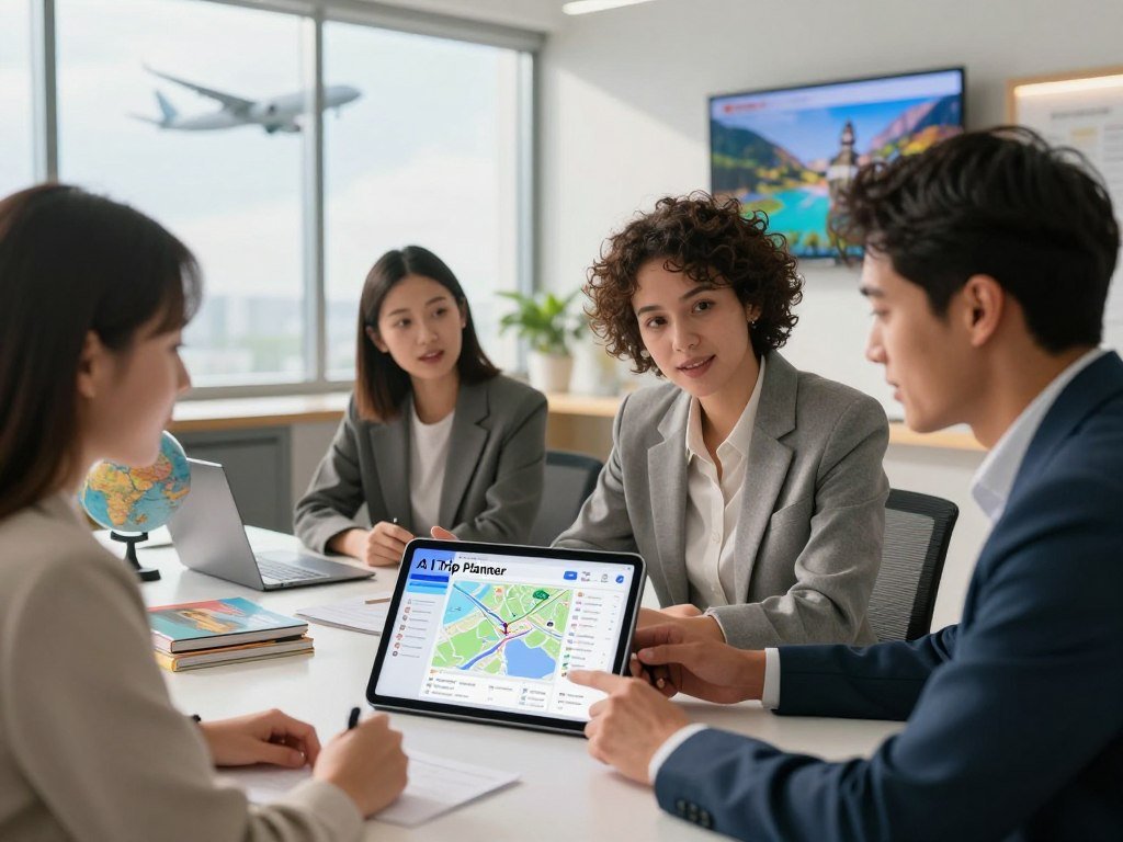 A vibrant and inviting workspace scene depicting an "AI Trip Planner" in action. In the foreground, a diverse group of three individuals—two women and one man—dressed in professional business attire, are intently discussing travel plans around a sleek digital tablet displaying an interactive interface covered with maps and itineraries. In the middle ground, a modern desk is cluttered with travel guides, a globe, and a laptop. The background features a large window showcasing a bright sky with airplane silhouettes along with a wall-mounted digital screen displaying beautiful travel destinations. Soft, natural lighting streams in, casting a professional yet relaxed atmosphere, while the camera angle captures the scene from a slightly elevated perspective, enhancing the feeling of collaboration and creativity in trip planning.