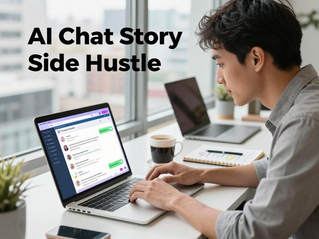 A vibrant and modern workspace set during the day, illustrating the concept of an "AI Chat Story Side Hustle." In the foreground, a laptop displays a colorful digital chat interface filled with engaging story prompts. A focused professional, dressed in smart casual attire, leans over the keyboard, immersed in their work. The middle layer features a cup of coffee and a notepad filled with brainstorming ideas, signifying creativity and productivity. In the background, a bright window offers a glimpse of a lively cityscape, enhancing the hustle and bustle of online entrepreneurship. Soft, natural lighting floods the scene, creating an inviting atmosphere that inspires creativity and motivation. The overall mood is energetic and optimistic, reflecting the potential of making money online quickly.