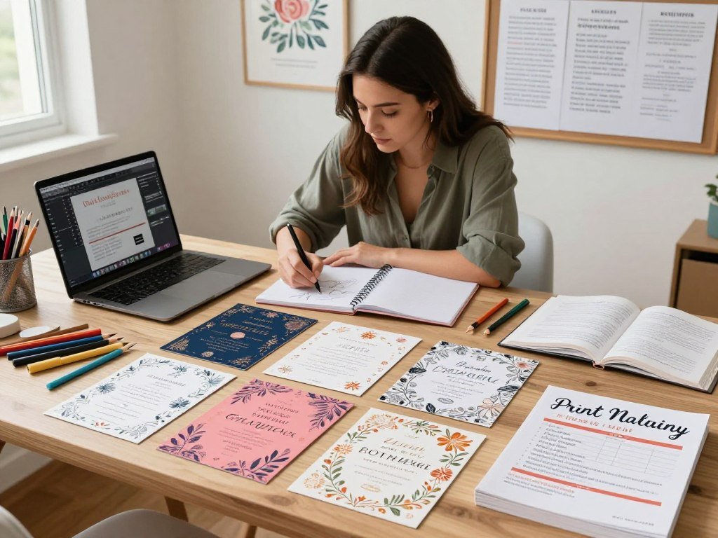 A vibrant workspace table showcasing an array of creative event invites. In the foreground, beautifully designed invitations in varying colors and patterns, featuring intricate floral designs, elegant fonts, and embellishments. Surrounding them are tools of the trade: art supplies, a laptop displaying graphic design software, and a pricing strategy book. In the middle ground, a focused young woman in smart casual attire sketches ideas on a notepad, while calculating costs on her laptop. The background features wall art of successful past invitations and a bulletin board filled with client testimonials and pricing strategies. Soft, natural lighting streaming through a nearby window creates a warm, inviting atmosphere, emphasizing creativity and professionalism. The angle is slightly above the table, capturing the inviting essence of the workspace. A vibrant workspace table showcasing an array of creative event invites. In the foreground, beautifully designed invitations in varying colors and patterns, featuring intricate floral designs, elegant fonts, and embellishments. Surrounding them are tools of the trade: art supplies, a laptop displaying graphic design software, and a pricing strategy book. In the middle ground, a focused young woman in smart casual attire sketches ideas on a notepad, while calculating costs on her laptop. The background features wall art of successful past invitations and a bulletin board filled with client testimonials and pricing strategies. Soft, natural lighting streaming through a nearby window creates a warm, inviting atmosphere, emphasizing creativity and professionalism. The angle is slightly above the table, capturing the inviting essence of the workspace.