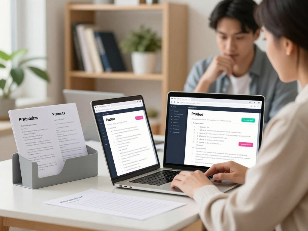 A visually appealing workspace showcasing customizable AI chatbot prompts for sale. In the foreground, a neat desk features a laptop open to a design interface with colorful prompt templates displayed on the screen. Next to the laptop, there are printed examples of prompts neatly arranged in a modern business card holder. In the middle ground, a thoughtful business professional, dressed in smart casual attire, is reviewing the prompts, emphasizing creativity and expertise. The background includes a soft-focus bookshelf filled with tech books and a potted plant, creating a warm, inviting atmosphere. The lighting is bright but soft, mimicking natural sunlight to give a fresh, motivational feel. The overall mood conveys professionalism, creativity, and the potential for income growth through effective prompt crafting.