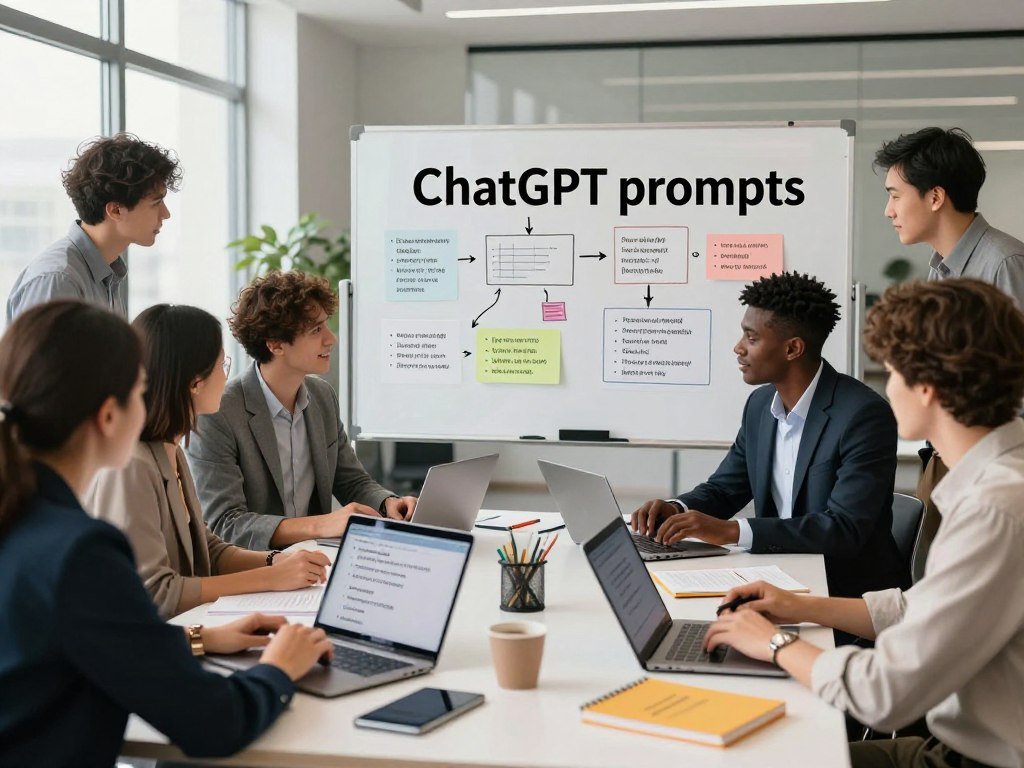 A visually engaging workspace showcasing the concept of selling custom ChatGPT prompts. In the foreground, a diverse group of individuals in professional attire gathers around a sleek, modern table cluttered with laptops, digital tablets, and colorful notebooks filled with suggested prompts. The middle ground features a large whiteboard filled with creative brainstorming notes, diagrams, and flowcharts related to artificial intelligence and marketing strategies. In the background, a bright, airy office environment with large windows brings in natural light, creating a welcoming atmosphere. Soft, diffused lighting enhances the collaborative mood, with a focus on productivity and innovation. The overall composition conveys the excitement and potential of starting a profitable side hustle centered around AI.