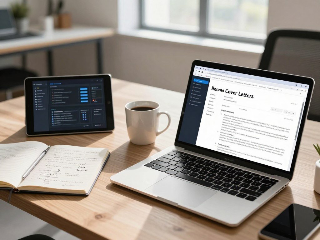 A well-organized workspace designed for creating AI resume cover letters, filled with essential tools. In the foreground, a sleek laptop displays an open document featuring a professional cover letter. To the left, a notepad with handwritten notes and ideas juts forward. In the middle, a stylish coffee mug sits next to a digital tablet showcasing AI design tools. The background reveals a bright, modern office with a large window letting in natural light, casting soft shadows. The atmosphere is focused yet creative, imbued with a sense of productivity and inspiration. The image is captured from a slightly elevated angle, emphasizing the workspace's organization and tools, with warm, inviting lighting to enhance the mood.