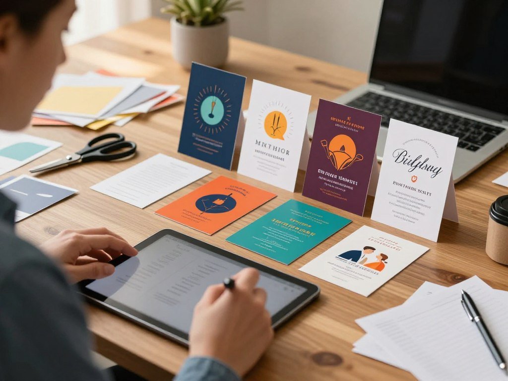 An artistic display of custom event cards on a wooden desk, showcasing various designs including vibrant colors and unique graphics. In the foreground, a person in professional business attire, engaged in the design process, using a digital tablet to refine card elements. The middle layer features a few event cards propped up, elegantly arranged, emphasizing different themes like birthdays, weddings, and corporate events. The background reveals a softly lit workspace filled with tools like scissors, paper samples, and a laptop, creating a warm and inviting atmosphere. The lighting is soft and diffused, reminiscent of natural light during golden hour, creating an inspiring and creative mood that highlights the importance of personalization in event invitations. An artistic display of custom event cards on a wooden desk, showcasing various designs including vibrant colors and unique graphics. In the foreground, a person in professional business attire, engaged in the design process, using a digital tablet to refine card elements. The middle layer features a few event cards propped up, elegantly arranged, emphasizing different themes like birthdays, weddings, and corporate events. The background reveals a softly lit workspace filled with tools like scissors, paper samples, and a laptop, creating a warm and inviting atmosphere. The lighting is soft and diffused, reminiscent of natural light during golden hour, creating an inspiring and creative mood that highlights the importance of personalization in event invitations.