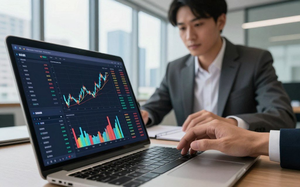 In a modern, well-lit office environment, a close-up view of a digital stock analysis report displayed on a sleek laptop screen occupies the foreground. The screen shows colorful, interactive graphs and charts that illustrate AI-driven stock predictions, accompanied by numerical data reflecting trends and market insights. In the middle ground, a professional individual, dressed in a tailored business suit, is intently analyzing the report, with a focused expression. The background features large windows showcasing a city skyline, casting natural light into the room, enhancing a sense of opportunity and growth. The overall mood is one of optimism and sophistication, capturing the essence of leveraging AI for financial gain without any text or distractions. In a modern, well-lit office environment, a close-up view of a digital stock analysis report displayed on a sleek laptop screen occupies the foreground. The screen shows colorful, interactive graphs and charts that illustrate AI-driven stock predictions, accompanied by numerical data reflecting trends and market insights. In the middle ground, a professional individual, dressed in a tailored business suit, is intently analyzing the report, with a focused expression. The background features large windows showcasing a city skyline, casting natural light into the room, enhancing a sense of opportunity and growth. The overall mood is one of optimism and sophistication, capturing the essence of leveraging AI for financial gain without any text or distractions.