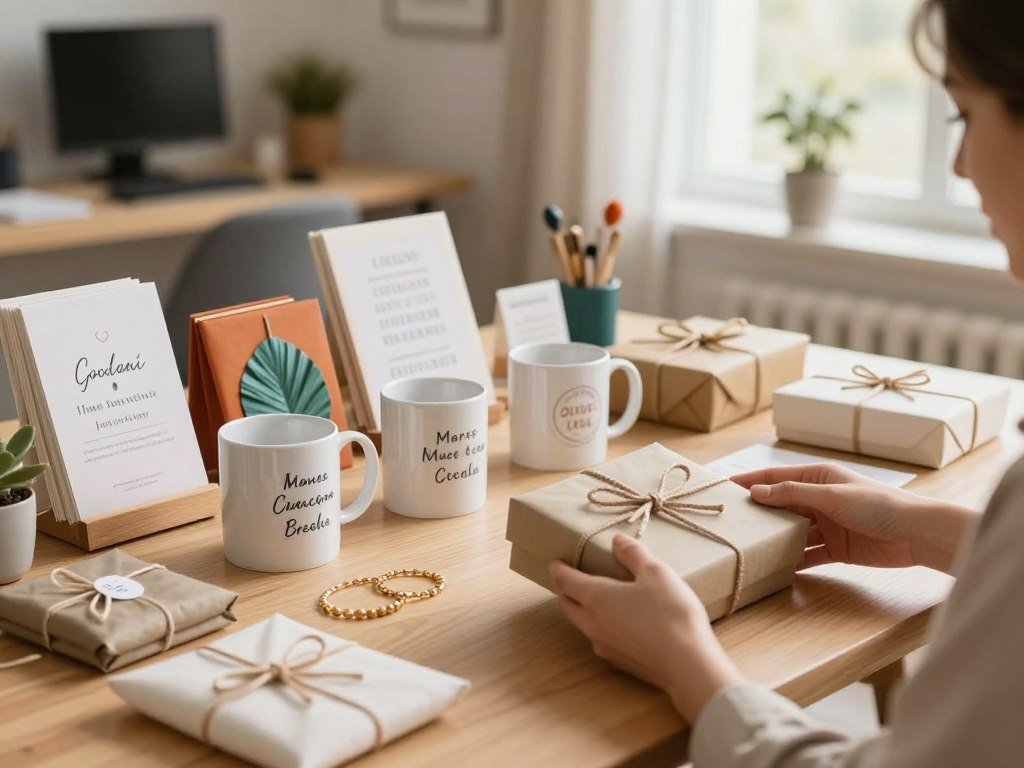 A beautifully arranged table filled with personalized gift recommendations, including unique items like custom mugs, personalized jewelry, and handmade crafts. In the foreground, a pair of hands, dressed in professional attire, are selecting a gift from the options displayed. The middle ground features an assortment of thoughtfully curated gifts, each with a vibrant and inviting aesthetic. The background showcases a soft-focus view of a cozy home office, illuminated by warm, natural light streaming through a window, creating an inviting atmosphere. The lens captures a warm and friendly mood, emphasizing the joy of gift-giving and the personalization process. This scene reflects a seamless blend of creativity and professionalism in building a personalized recommendation engine. A beautifully arranged table filled with personalized gift recommendations, including unique items like custom mugs, personalized jewelry, and handmade crafts. In the foreground, a pair of hands, dressed in professional attire, are selecting a gift from the options displayed. The middle ground features an assortment of thoughtfully curated gifts, each with a vibrant and inviting aesthetic. The background showcases a soft-focus view of a cozy home office, illuminated by warm, natural light streaming through a window, creating an inviting atmosphere. The lens captures a warm and friendly mood, emphasizing the joy of gift-giving and the personalization process. This scene reflects a seamless blend of creativity and professionalism in building a personalized recommendation engine.