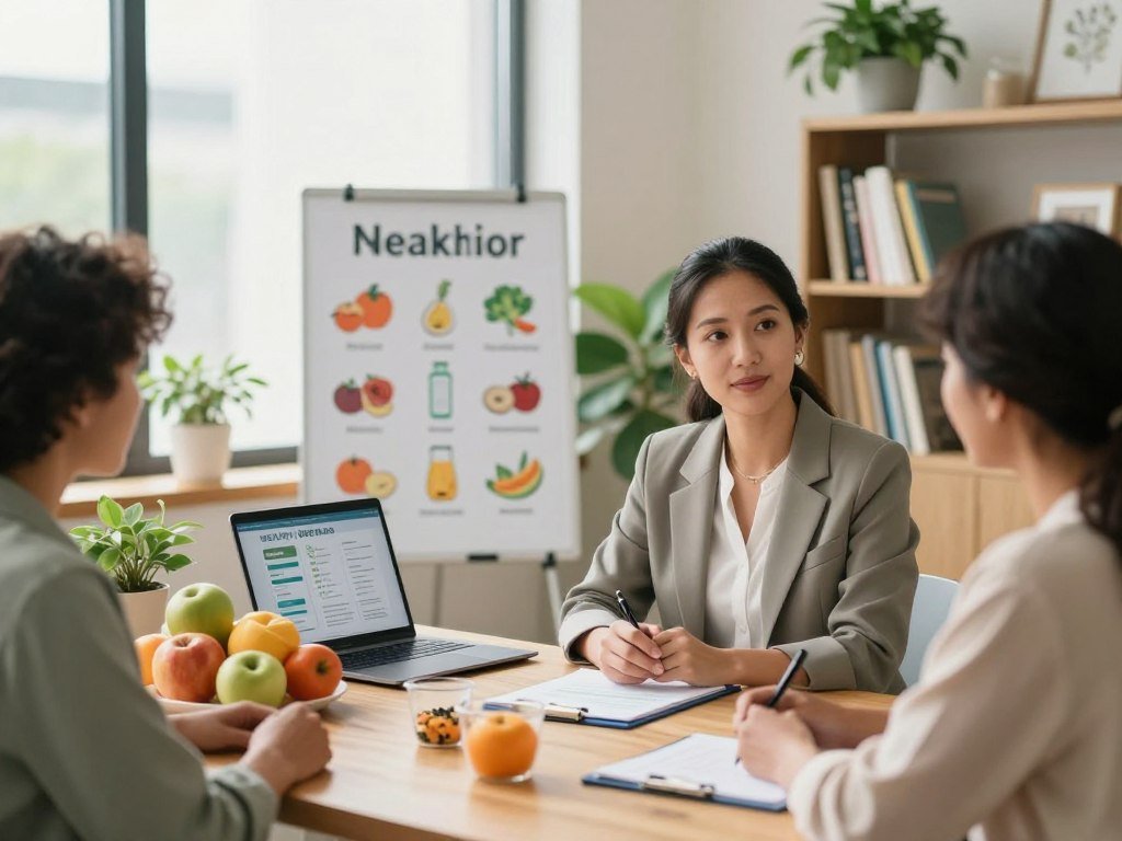 A bright and inviting nutritionist's office featuring a professional nutritionist, a woman in smart casual attire, engaged in a consultation with a diverse client. The foreground displays a wooden desk with colorful fruits, measuring cups, and a laptop showing a personalized diet plan. In the middle, a large board showcases healthy food choices and infographics about nutrition. In the background, large windows allow natural light to fill the space, highlighting plants and a bookshelf filled with dietary literature. The atmosphere is warm and motivational, emphasizing wellness and creativity in diet planning. Use soft, diffused lighting to enhance the welcoming mood, with a slight depth of field focus on the nutritionist and client. A bright and inviting nutritionist's office featuring a professional nutritionist, a woman in smart casual attire, engaged in a consultation with a diverse client. The foreground displays a wooden desk with colorful fruits, measuring cups, and a laptop showing a personalized diet plan. In the middle, a large board showcases healthy food choices and infographics about nutrition. In the background, large windows allow natural light to fill the space, highlighting plants and a bookshelf filled with dietary literature. The atmosphere is warm and motivational, emphasizing wellness and creativity in diet planning. Use soft, diffused lighting to enhance the welcoming mood, with a slight depth of field focus on the nutritionist and client.