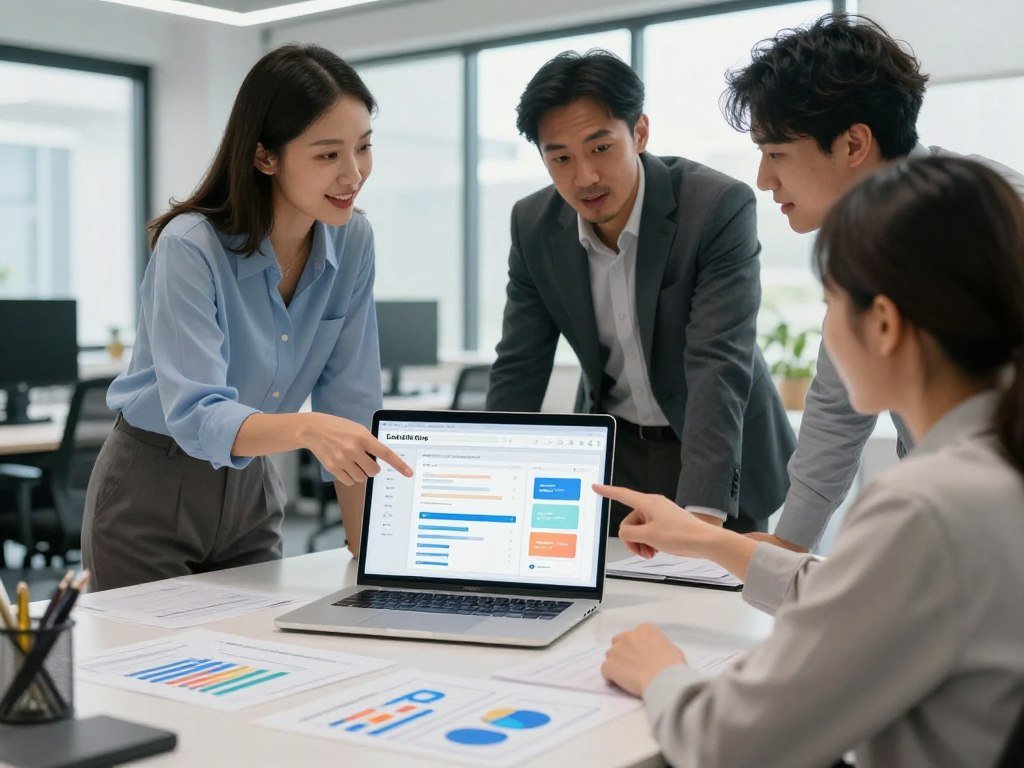 A dynamic workspace illustrating the concept of email marketing automation. In the foreground, a neatly organized desk with a laptop displaying an email campaign dashboard, surrounded by colorful charts and analytics on paper. In the middle ground, a diverse group of three professionals, two in business attire and one in smart casual clothing, engaged in a discussion while pointing at the screen enthusiastically. The background features a modern office environment with large windows letting in natural light, enhancing the uplifting and productive atmosphere. Use a soft-focus lens effect to emphasize the professionals while keeping the desk and screens clear. The overall mood is one of inspiration and teamwork, showcasing efficiency in overcoming common challenges in email marketing.