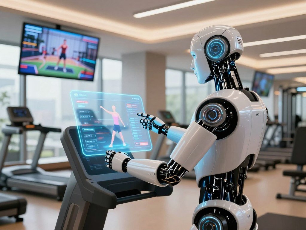 A fitness coach AI represented as a sleek, futuristic humanoid robot, positioned in a modern digital gym environment. In the foreground, the robotic coach demonstrates a personalized workout plan on a holographic display, showcasing exercise metrics and customized routines. The middle ground features high-tech fitness equipment and a virtual screen with animated training videos. The background displays a chic, bright gym setting with large windows letting in natural light, enhancing the atmosphere of innovation and energy. Use soft, warm lighting to create an inviting yet high-tech ambiance. Shot from a slightly low angle to emphasize the robot's advanced design, embodying professionalism and motivation while maintaining an ethical approach to AI coaching.