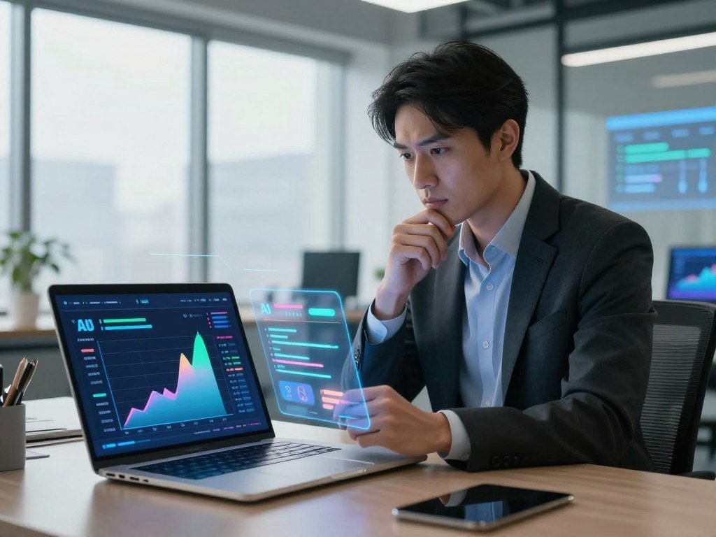 A futuristic digital workspace showcasing a sophisticated AI quiz platform. In the foreground, a sleek laptop displays vibrant graphs and analytics from a recent quiz performance, surrounded by floating holographic elements representing data points and quiz results. In the middle, a focused professional in business attire analyzes the data, deep in thought, with a look of determination on their face. The background features a modern office with large windows allowing soft, natural light to illuminate the space, creating a bright and inspiring atmosphere. Subtle hints of interactive digital interfaces and screens displaying quiz questions can be seen, emphasizing engagement. The overall mood is energetic and innovative, reflecting the synergy between technology and learning.
